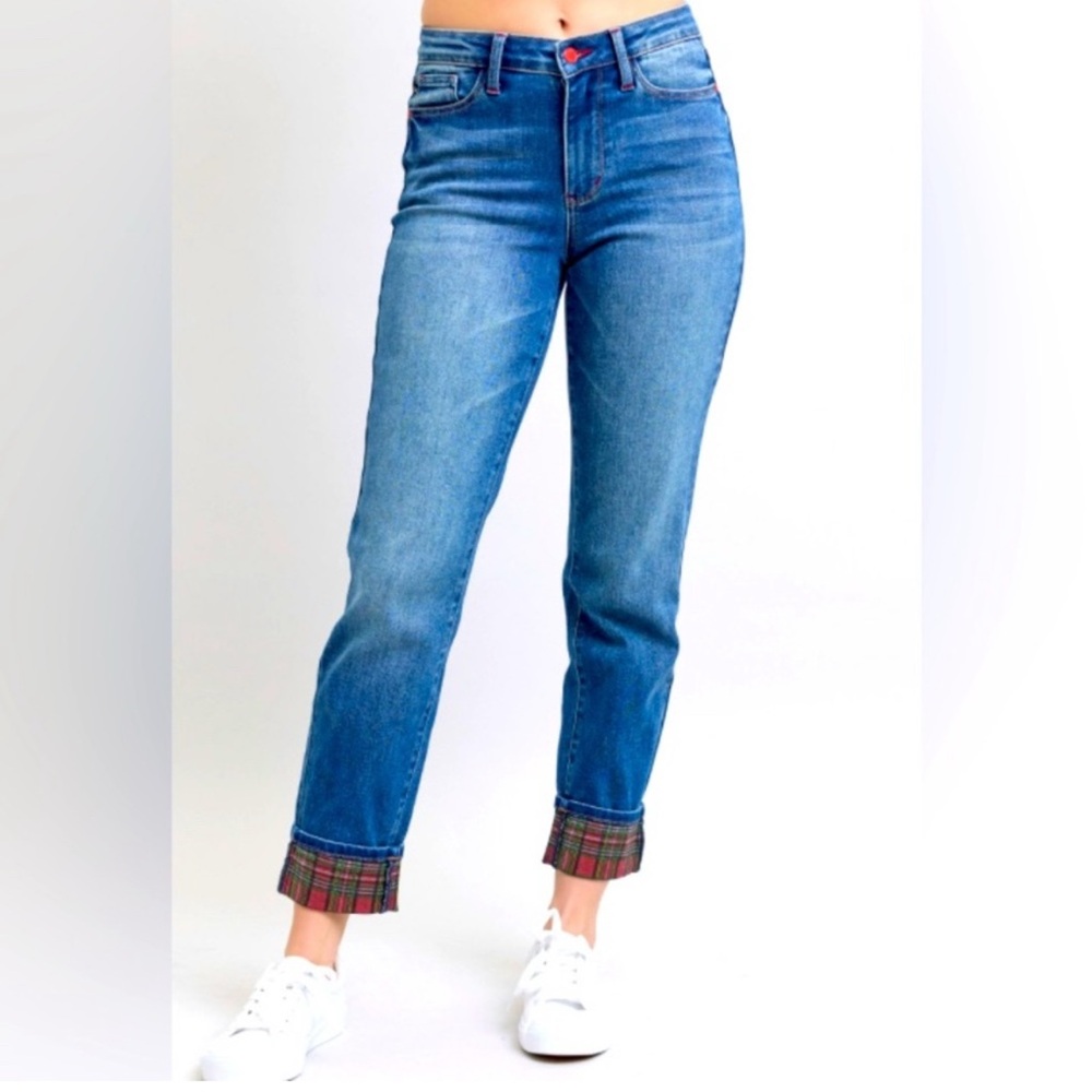 NWT Judy Blue MR Plaid Print Cuff Boyfriend Jeans